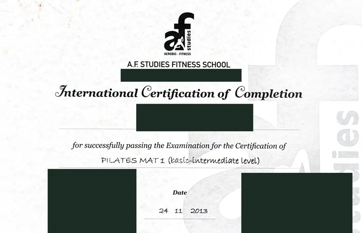 Privacy-redacted scan supporting the 2013 Pilates Mat 1 certification examination